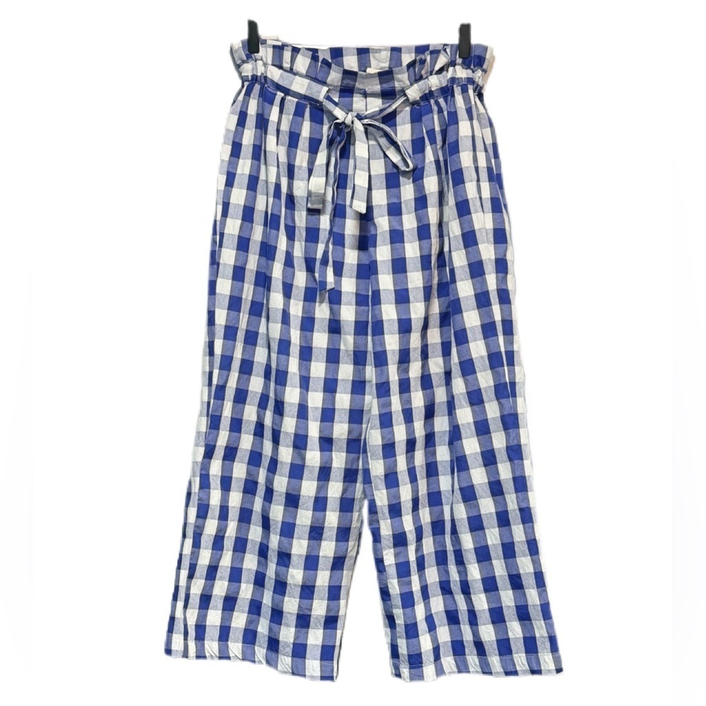 JOIE size XL cropped blue and white cropped paper bag style checkered pants